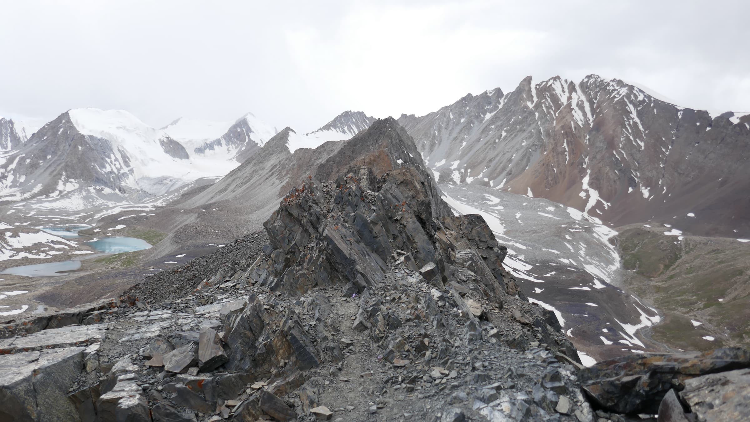 Snow-covered peaks above a grey glacier basin under heavy sky