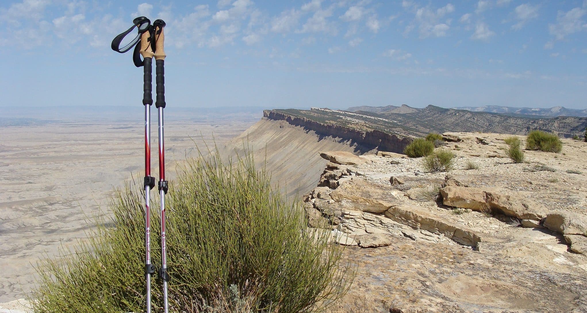 Hiker using two trekking poles on a mountain trail