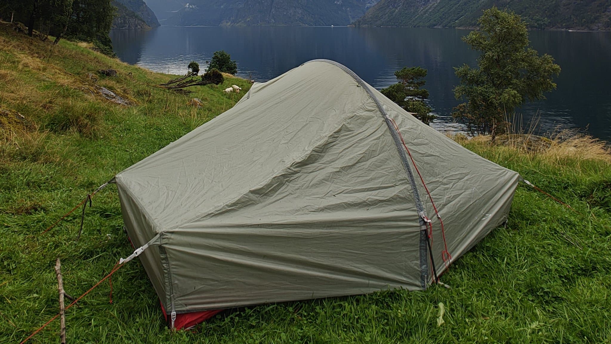 Small green tent pitched on grass above a Norwegian fjord, with steep mountainsides and low cloud behind