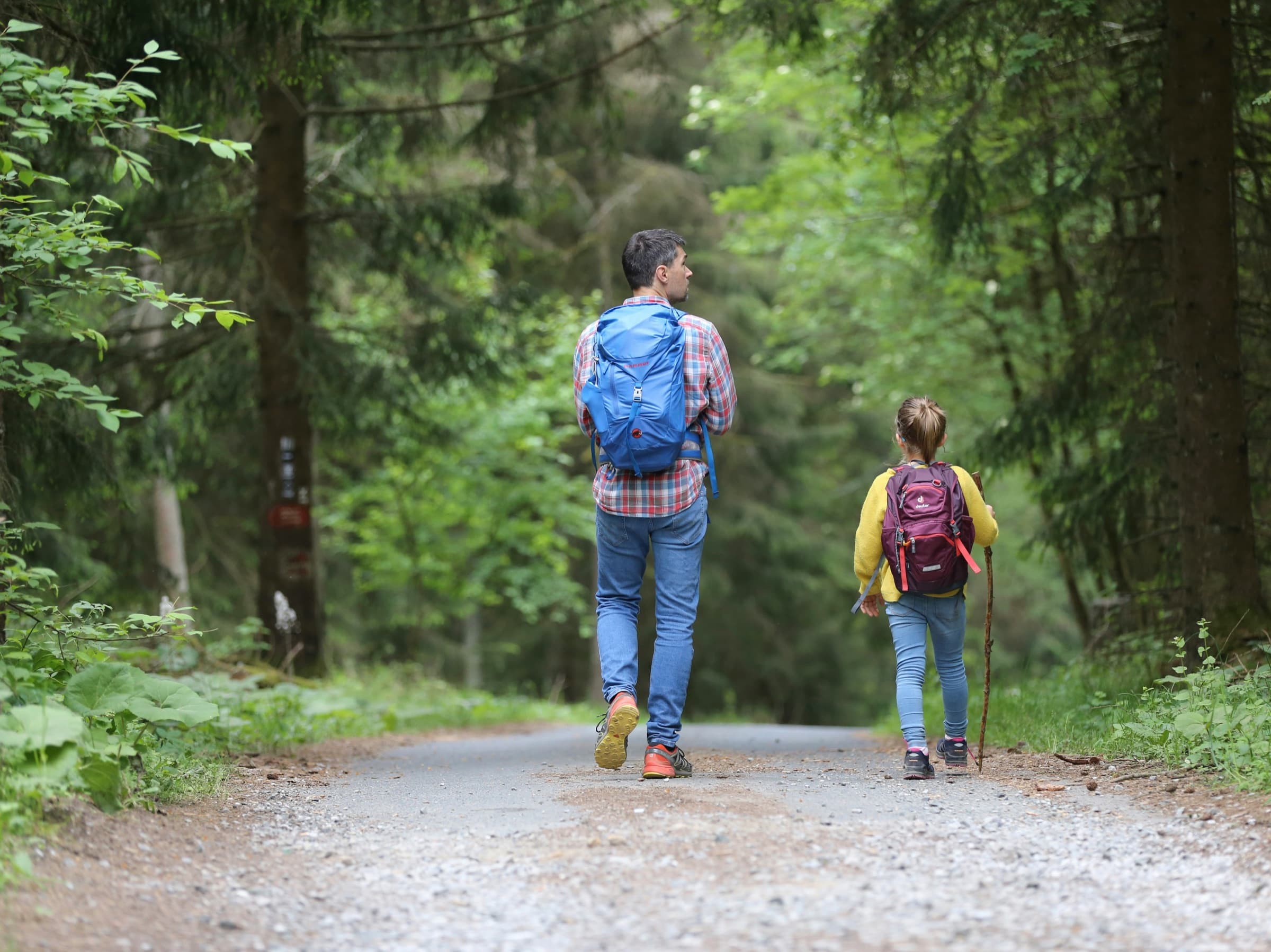 Father and daughter hiking in jeans on a gravel forest trail, showing when you can hike in jeans