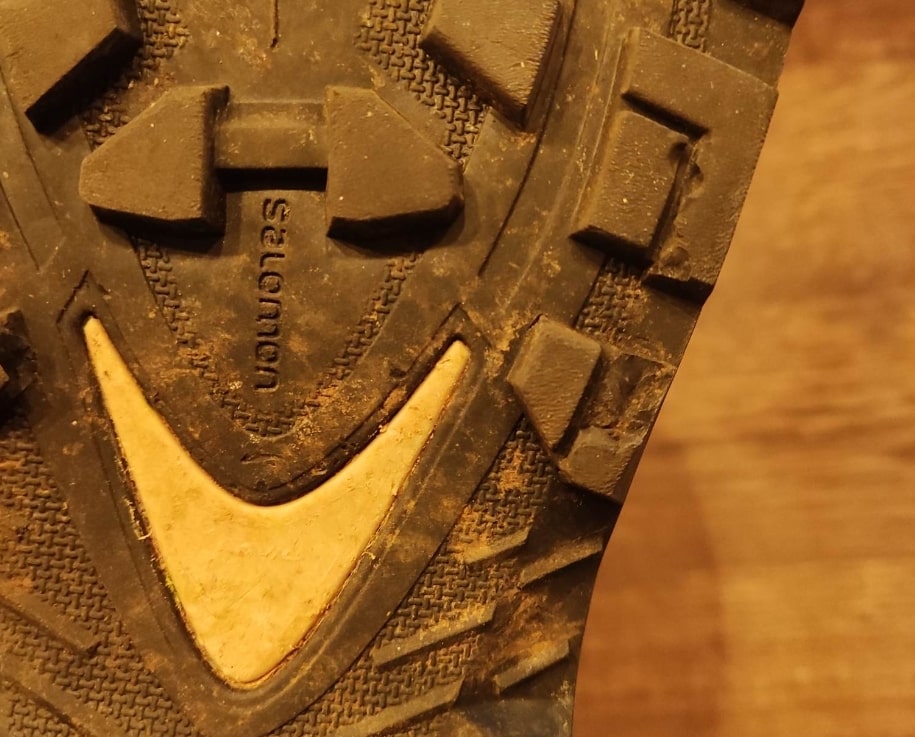 Worn outsole of the Salomon Quest Element GTX after extended use